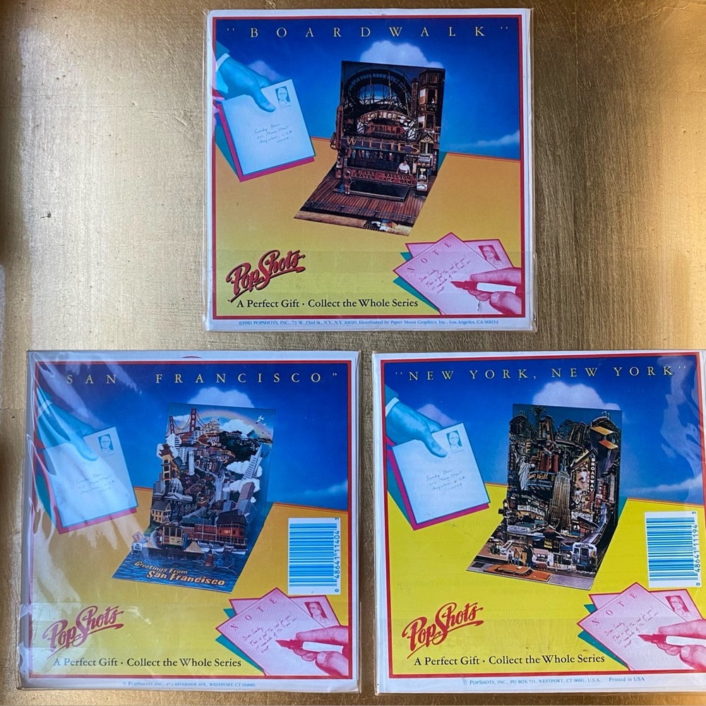 (3) Pop Shots 3D cards. Vintage 3D pop-ups: Boardwalk / San Fransisco / NY, NY